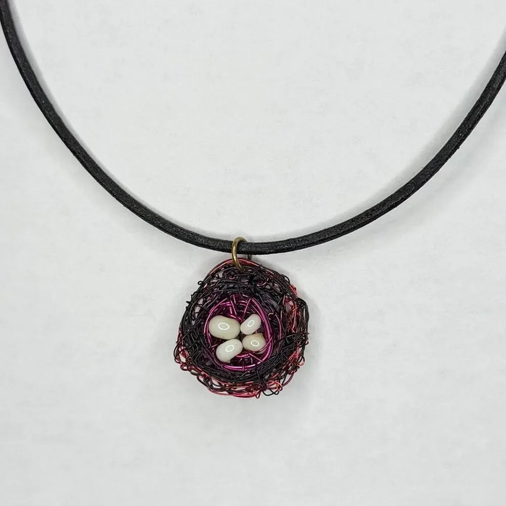 Birds nest necklace wire wrap handmade leather cord